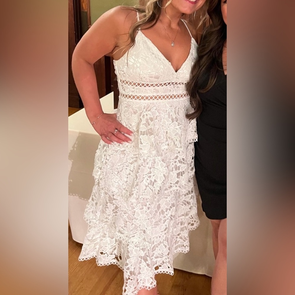 Lulu's White Lace Midi Dress with Crochet Waist